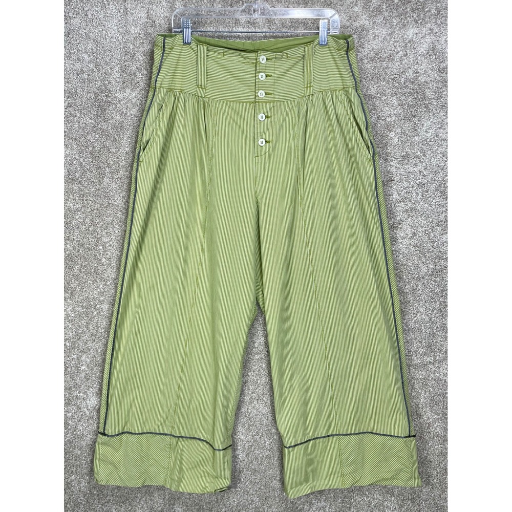 Free People Pinstripe High Waist Wide Leg Pants Womens XL Green Cotton Lagenlook